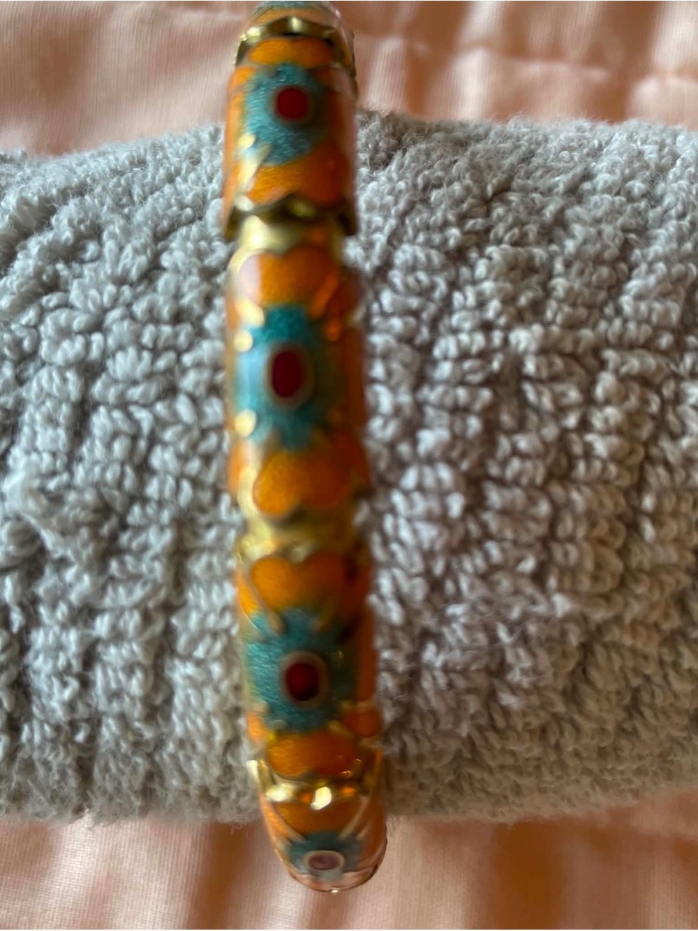 Orange and Teal Floral Cloisonné Bangle Bracelet with Turquoise Accents